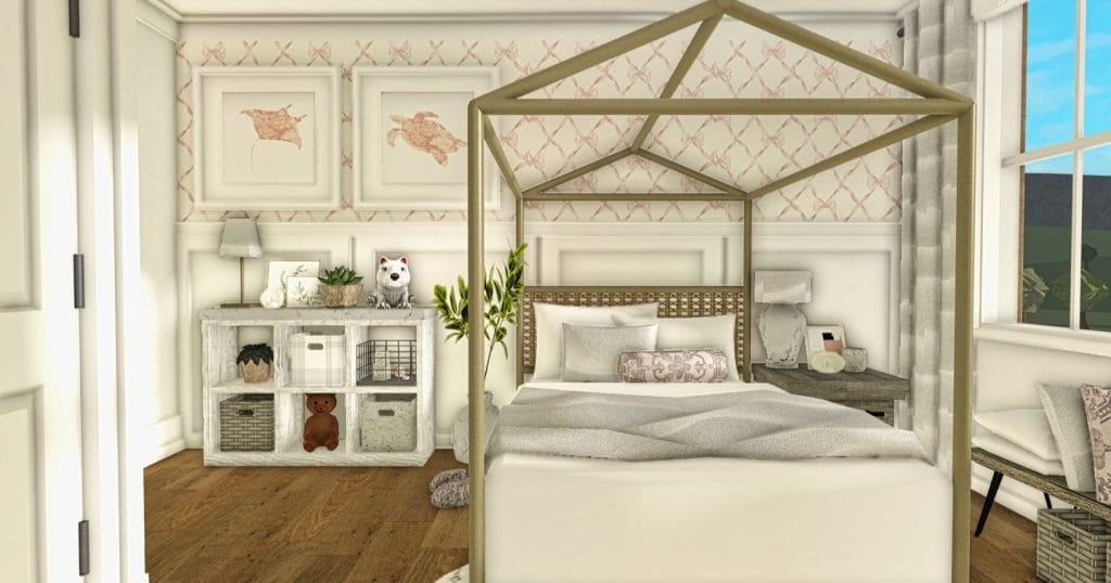 Farmhouse bedroom with rustic decor and a neutral color palette.