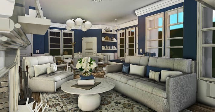 A Parisian-inspired living room with blue walls, classic furnishings, and ornate décor for a sophisticated and cozy feel.