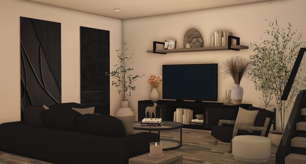 Modern Bloxburg living room with dark decor, black sofa, and minimalistic style.