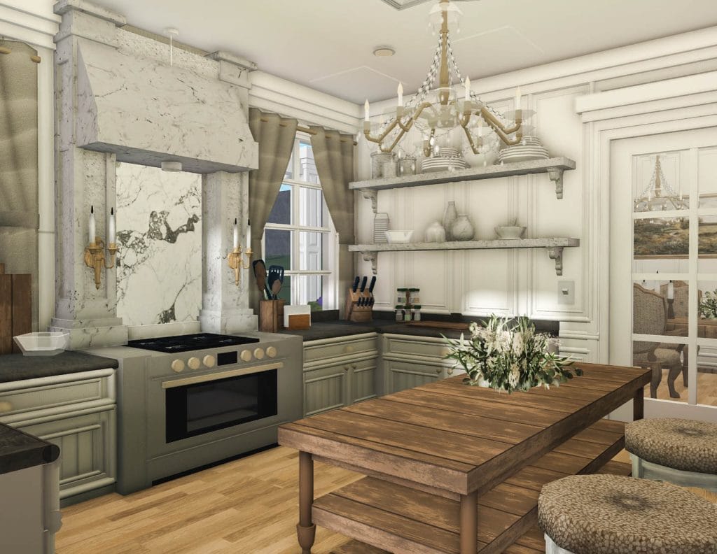 An elegant Bloxburg kitchen with detailed moldings, open shelving, and marble accents.