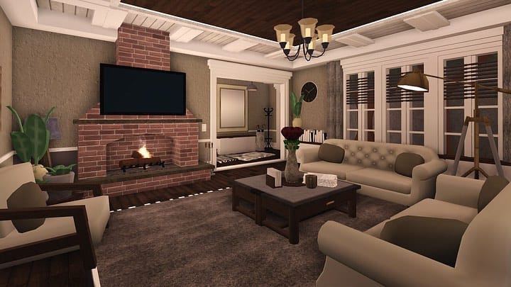 A cozy living room with comfortable seating, warm lighting, and family decor.