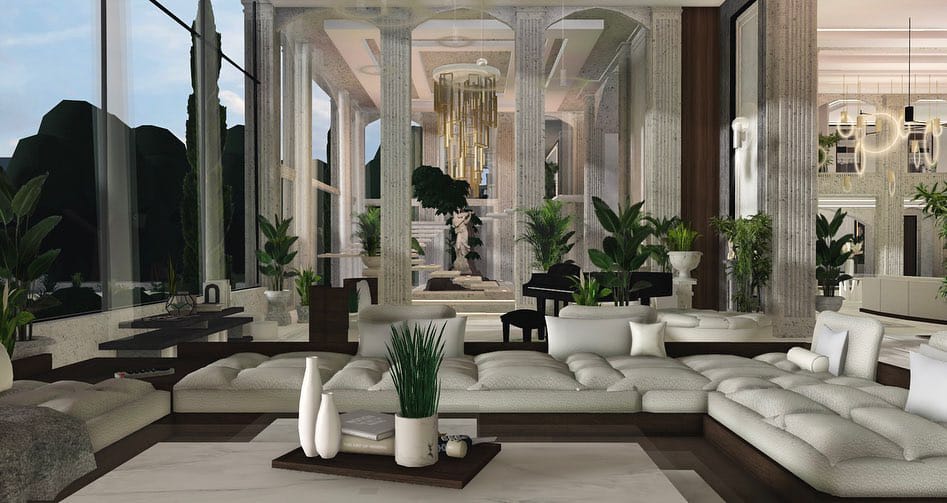 Neoclassical modern villa living room with plush seating, large windows, and a blend of classical and modern decor.