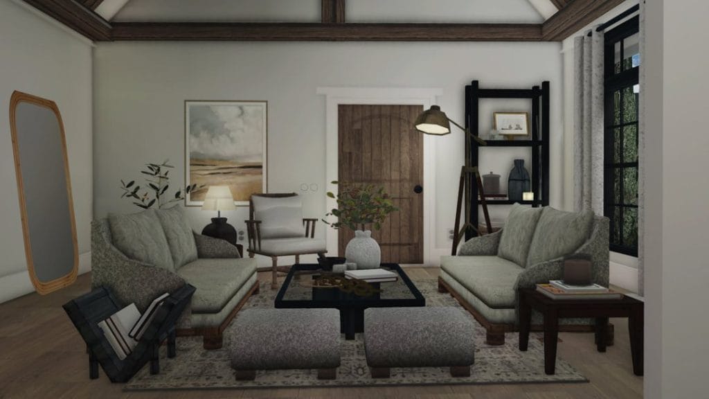 A cozy living room with neutral furniture, wooden beams, a rustic door, and modern black accents, featuring a soft ambiance and natural light.