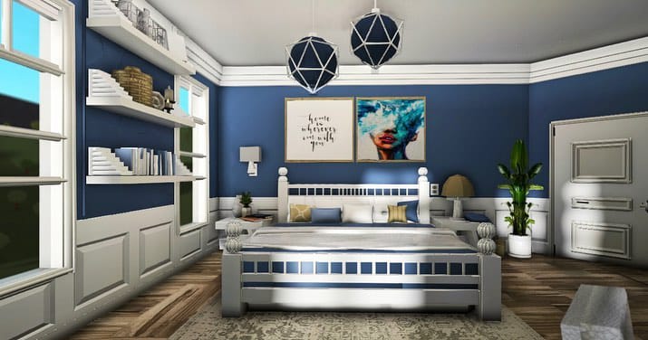 Blue and white bedroom with geometric pendant lights, green plants, and modern wall art.