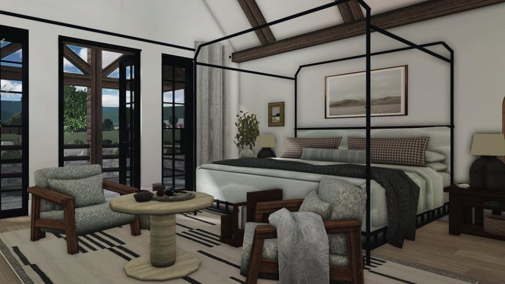 Modern rustic bedroom with a black canopy bed, natural wood accents, and large windows.