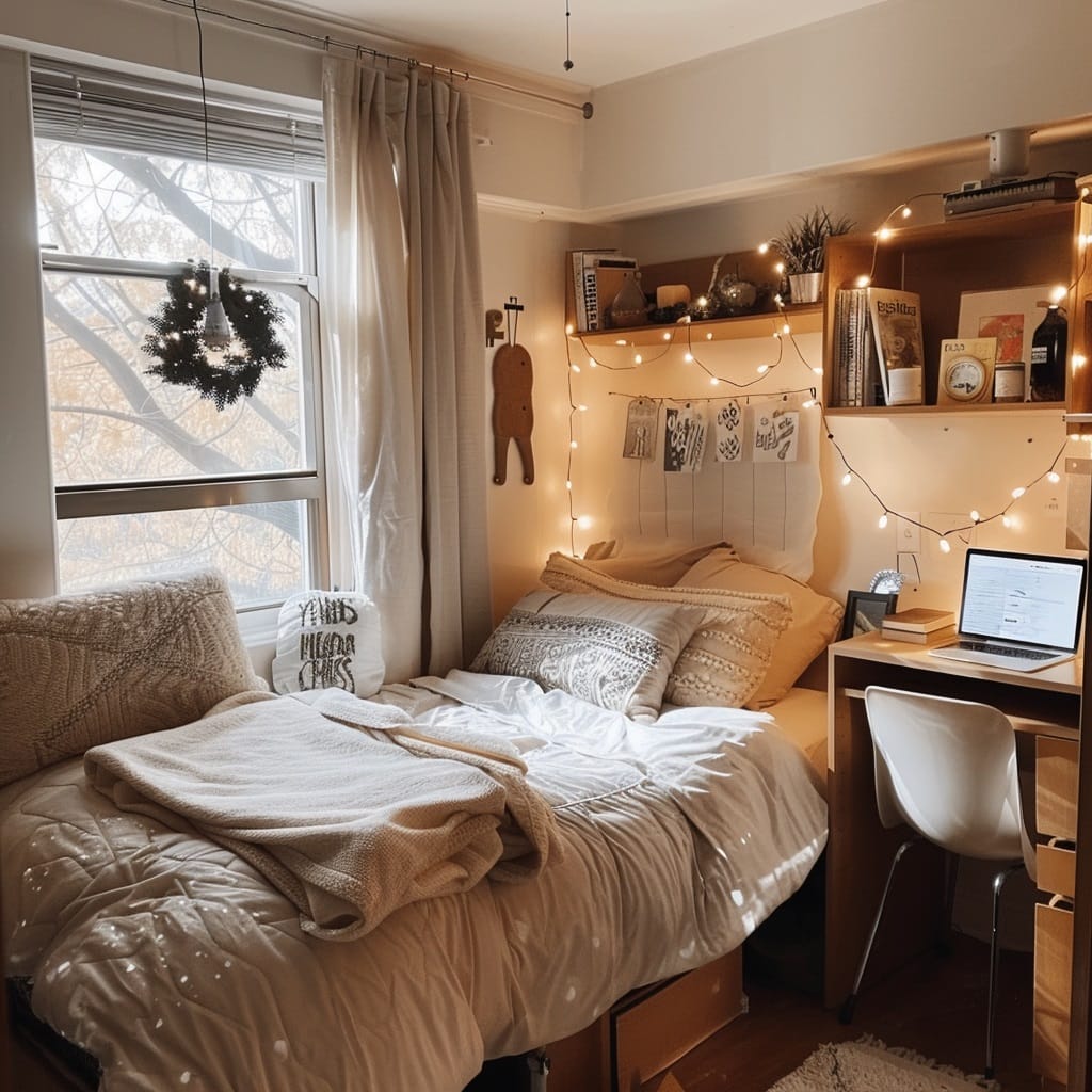 A warm dorm room with a bed featuring soft bedding, surrounded by fairy lights, a well-organized desk with a laptop, and cozy decor.