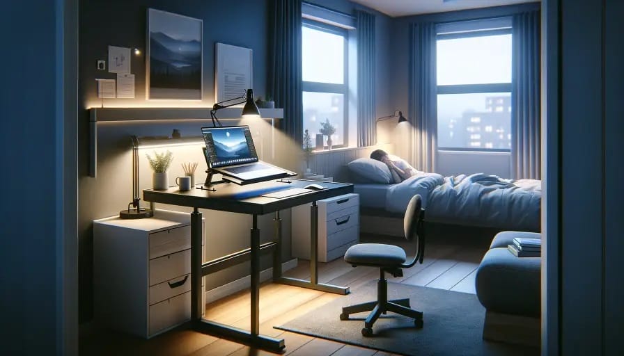 Minimalist dorm room with a sleek desk setup and neutral color palette.