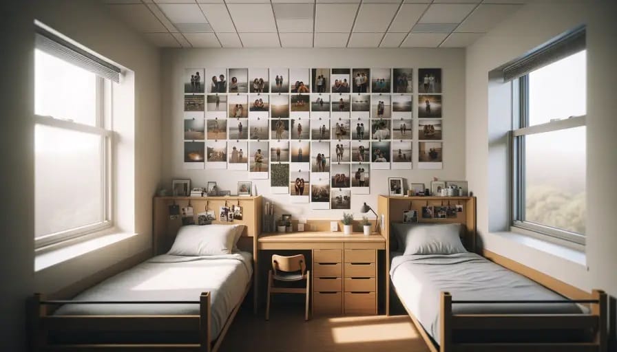 This dorm room highlights personalized wall decor and a cozy setup, ideal for making the space feel like home.