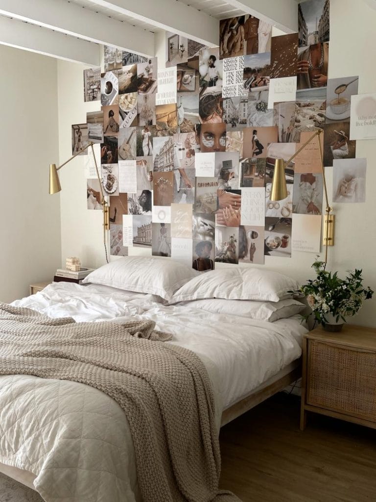 Dorm room with an inspirational collage wall and a cozy bed.