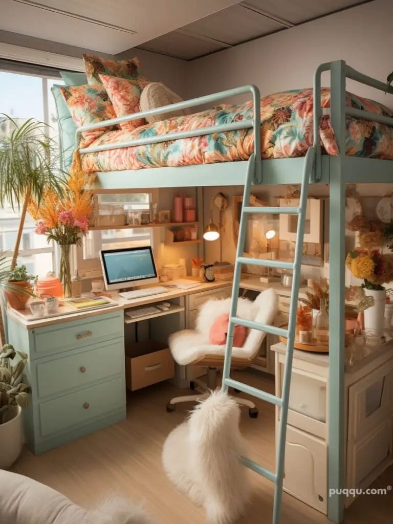 Loft bed with floral bedding, study area underneath, and bright window.