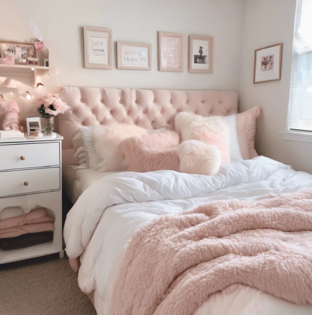 A dreamy dorm room with a pink color scheme, fairy lights, and personalized wall decor.