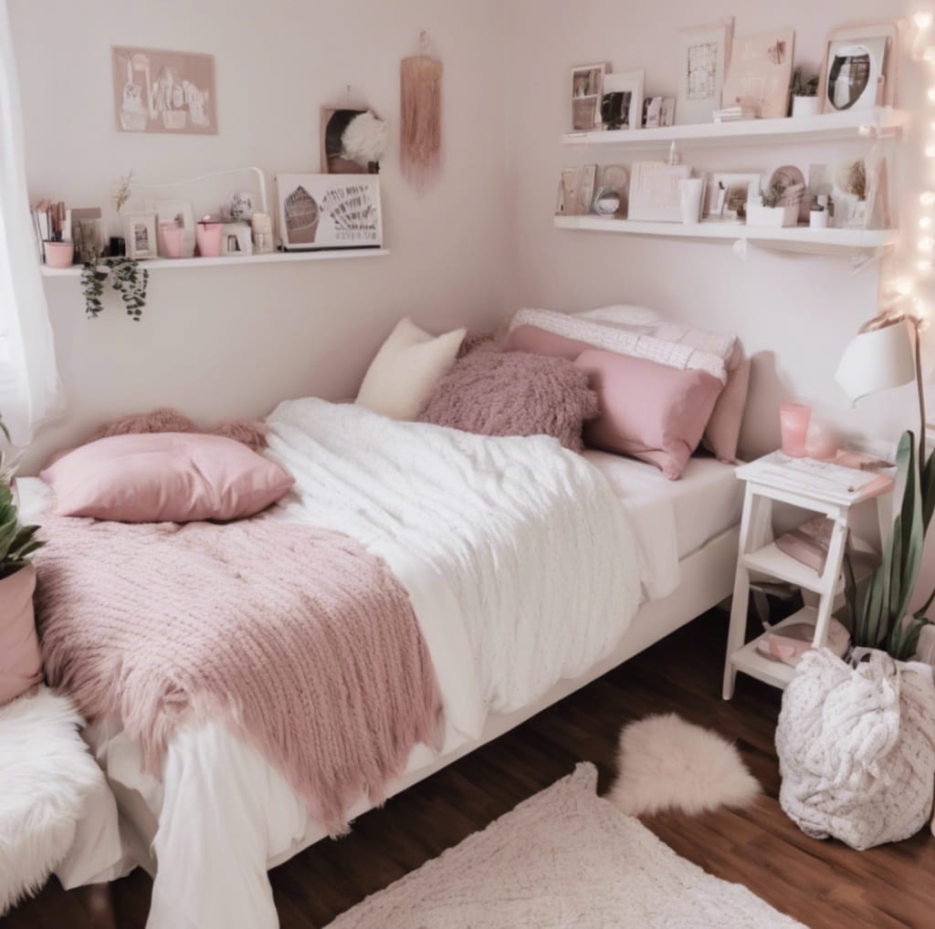 A serene dorm room with a blush pink palette, cozy bedding, and floating shelves with personalized decor.