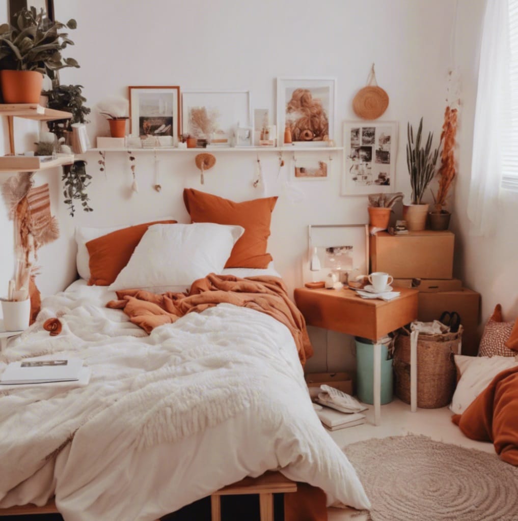 A dorm room with earthy orange accents, natural elements, and soft bedding, featuring a rustic and bohemian style.