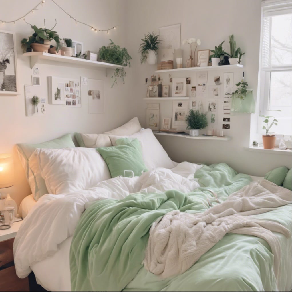 A dorm room with mint green accents, soft white bedding, and plenty of plants, creating a calming and refreshing atmosphere.