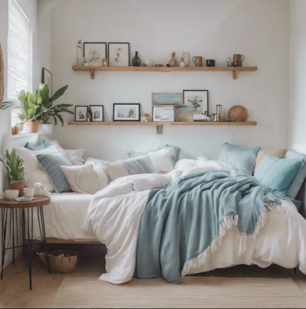 A coastal-inspired dorm room with soft blue tones, wooden shelves, and minimalist decor.