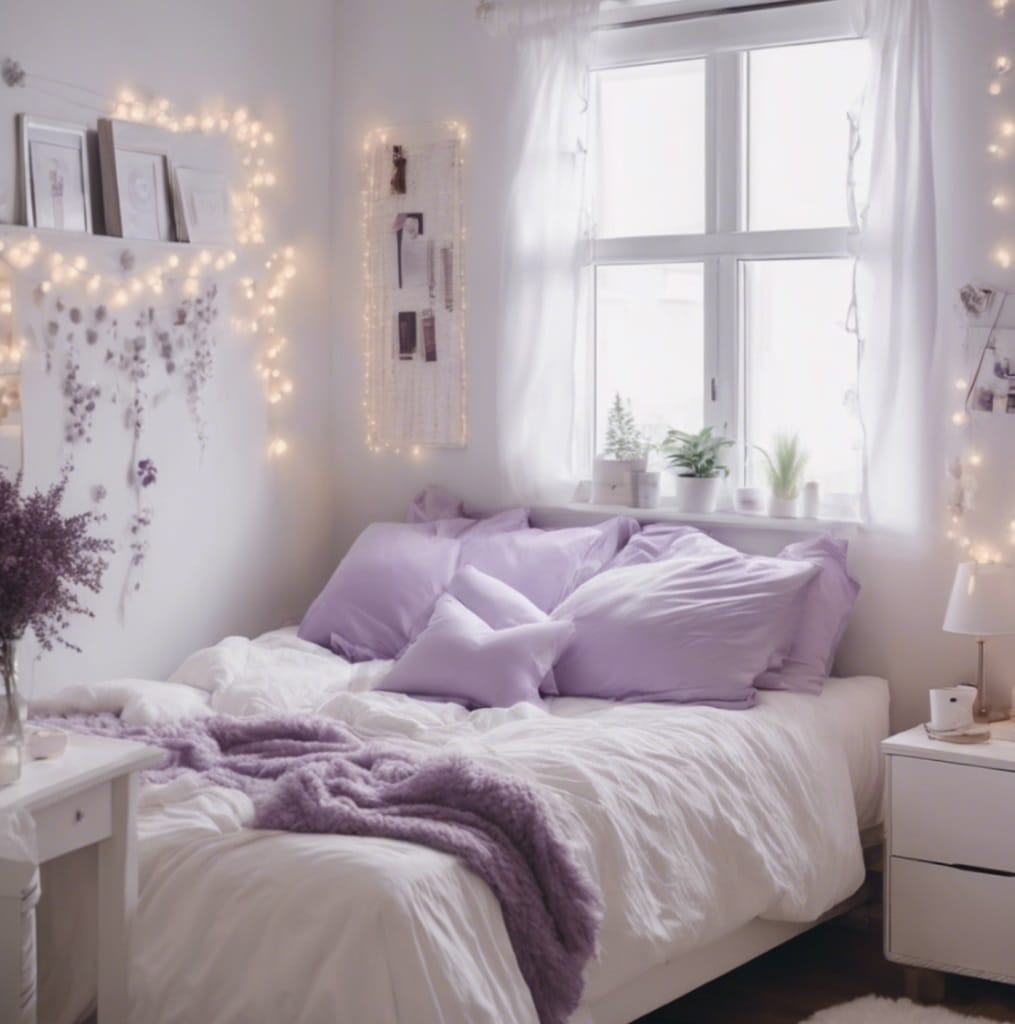 A dorm room with lavender and white decor, fairy lights, and soft textiles, creating a dreamy atmosphere.