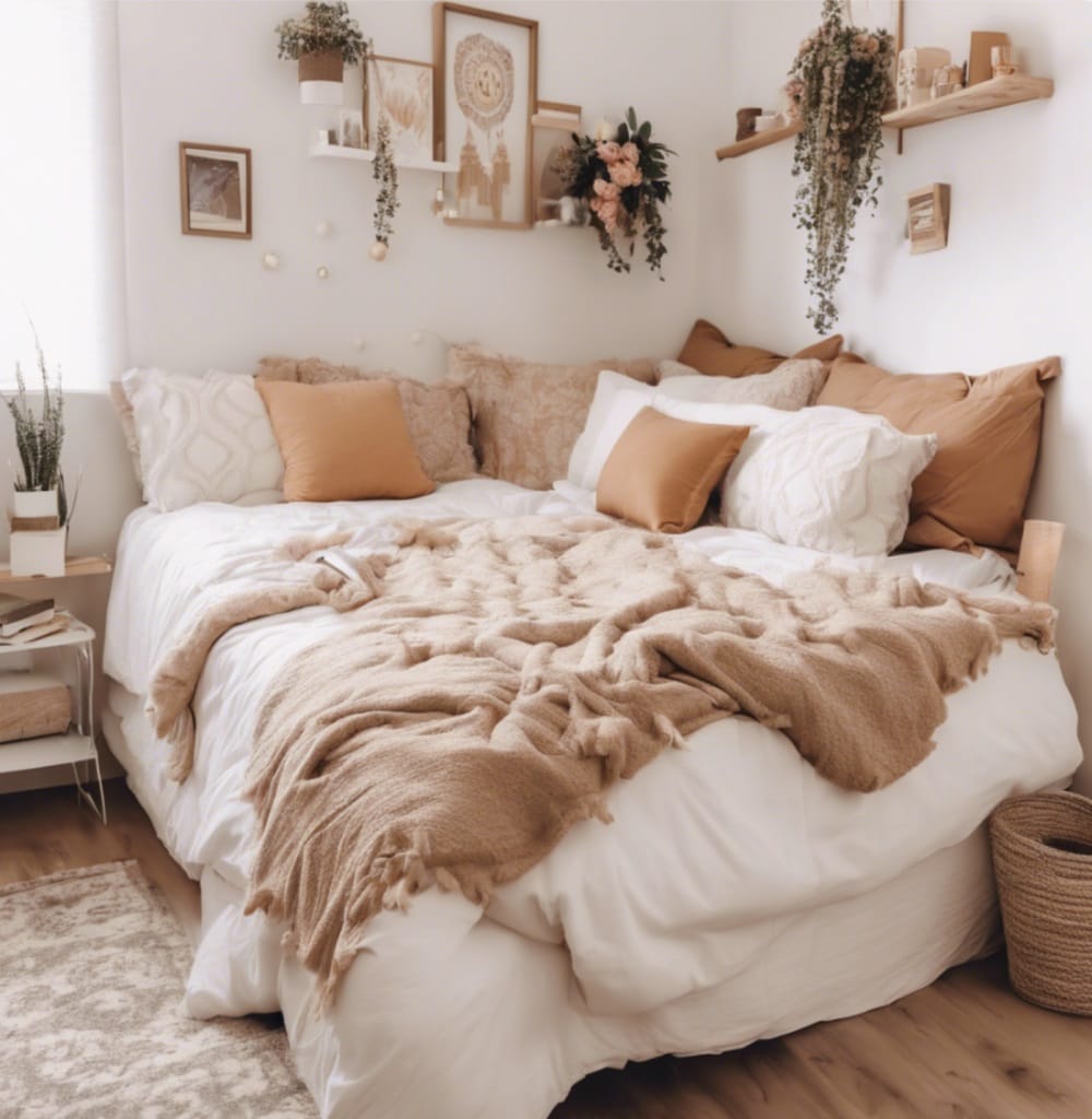 A dorm room with beige and white tones, plush bedding, and natural elements creating a warm and inviting atmosphere.