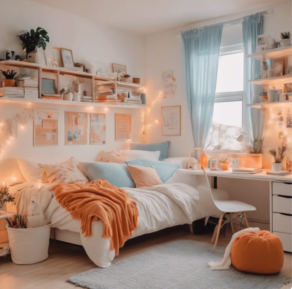 A dorm room with light blue and orange accents, fairy lights, and natural light creating a bright and cheerful atmosphere.