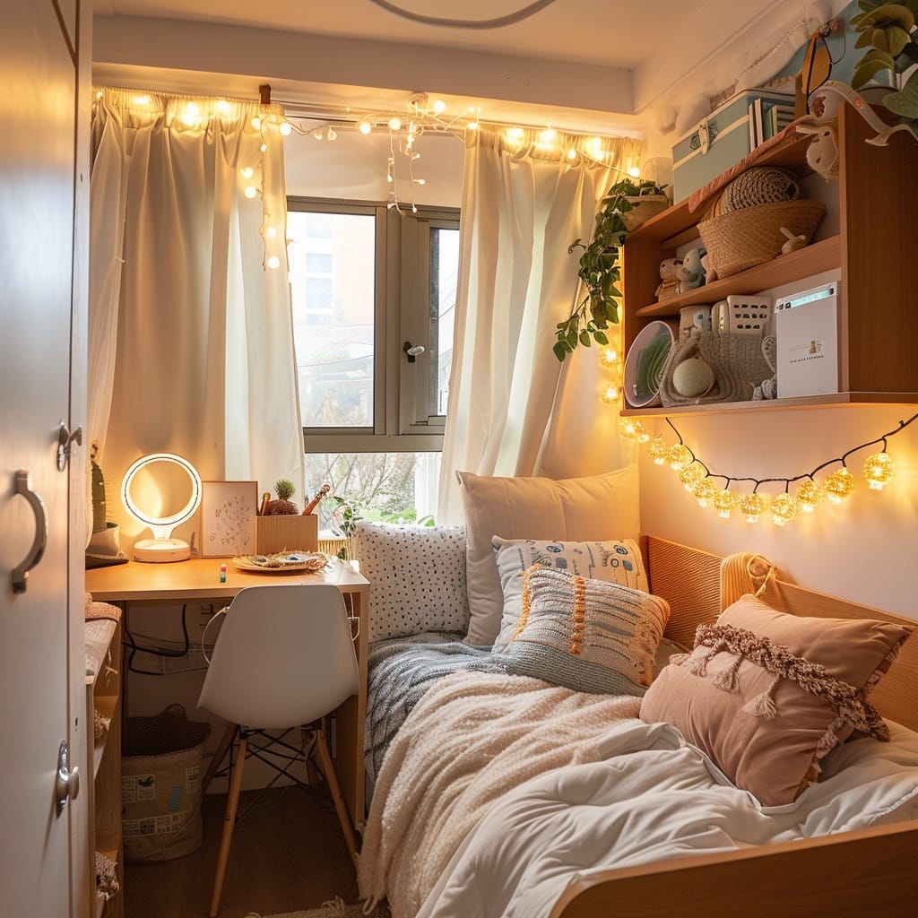 A dorm room with warm lighting, soft textiles, and personal touches creating an intimate and cozy nook.