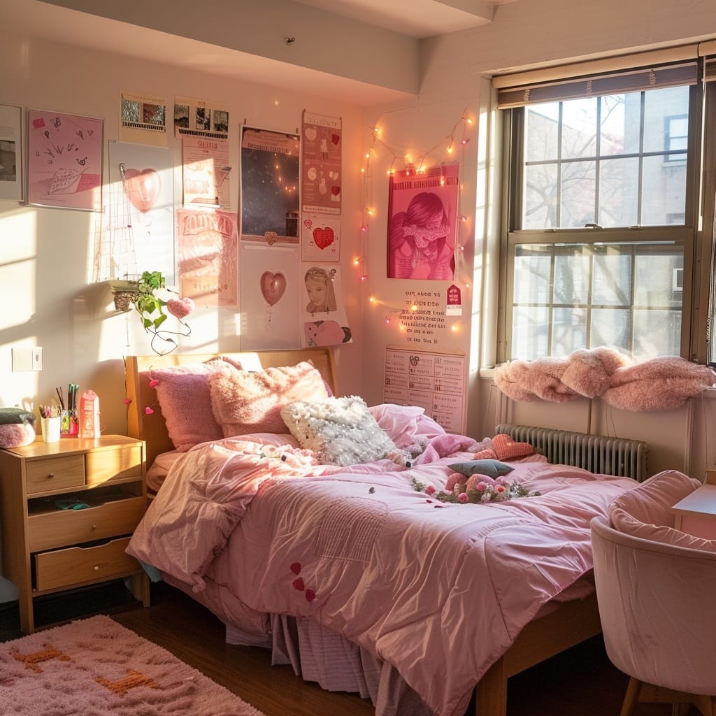 A dorm room with pink decor, fairy lights, and cozy bedding creating a vibrant and fun atmosphere.