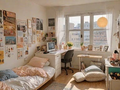 A bedroom featuring a cozy bed with pastel bedding, a well-organized desk area by a large window, and walls adorned with various decor items.