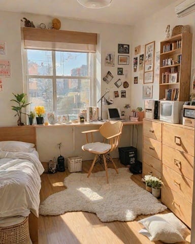 A room with eclectic wall art, cozy rustic furniture, and a large window allowing natural light to fill the space.