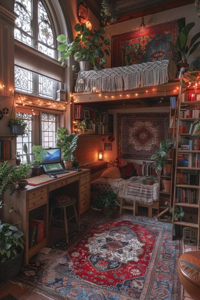 A bohemian loft space with a lofted bed, wooden desk, and plenty of plants, creating a warm and inviting ambiance.