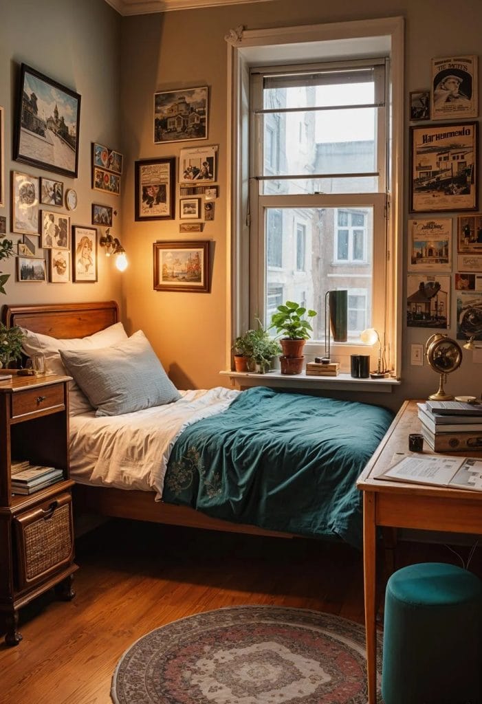 A cozy room with vintage decor, framed wall art, a wooden desk, and a teal bedspread, evoking a nostalgic and warm feel.