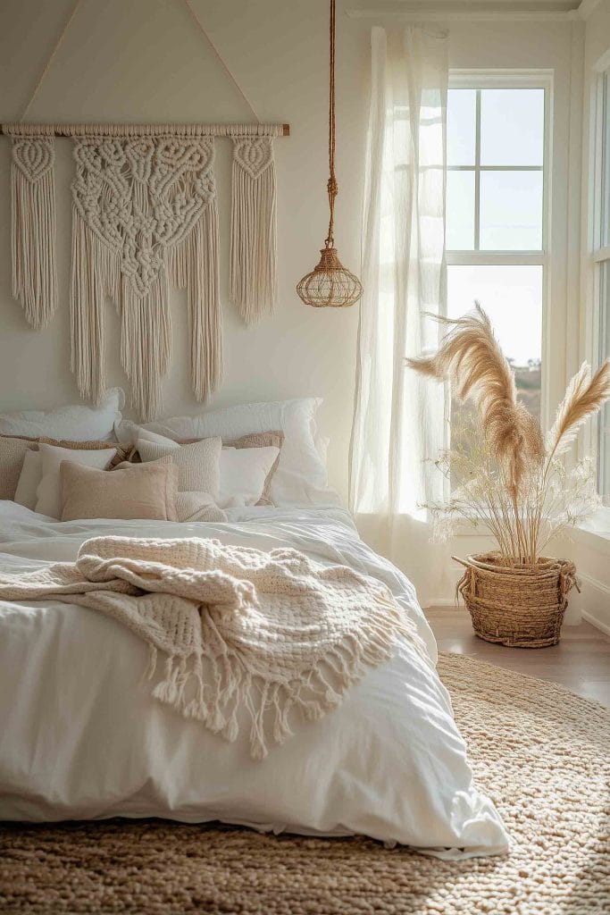 A cozy, bohemian-style bedroom with a large macramé wall hanging above the bed. The bed is adorned with soft white bedding and neutral-toned throw pillows, while a knit blanket is draped across the bed. A wicker basket filled with pampas grass sits near a window, allowing sunlight to pour through sheer curtains, creating a warm and inviting atmosphere.