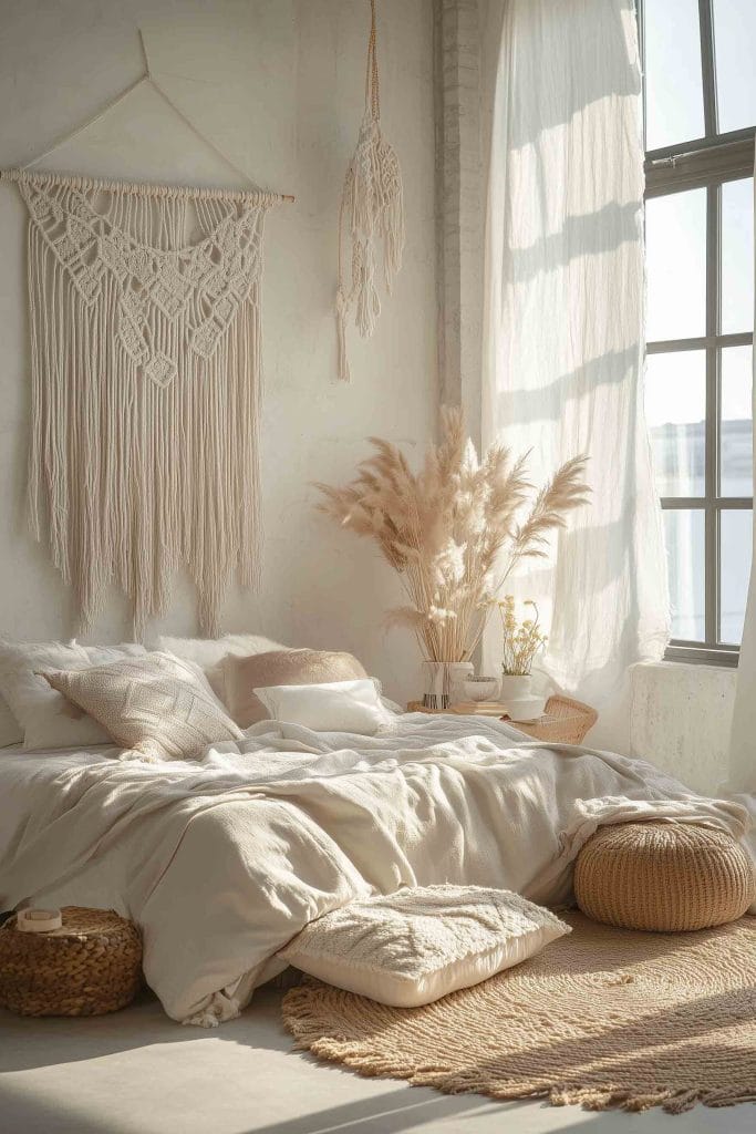 A sunlit bohemian bedroom with a soft, airy atmosphere. The bed is draped in light linens and surrounded by various woven textures, including baskets, rugs, and poufs. Macrame decor hangs on the wall and pampas grass in vases adds a natural, earthy touch. The light streaming through large windows gives the space a warm, calming glow