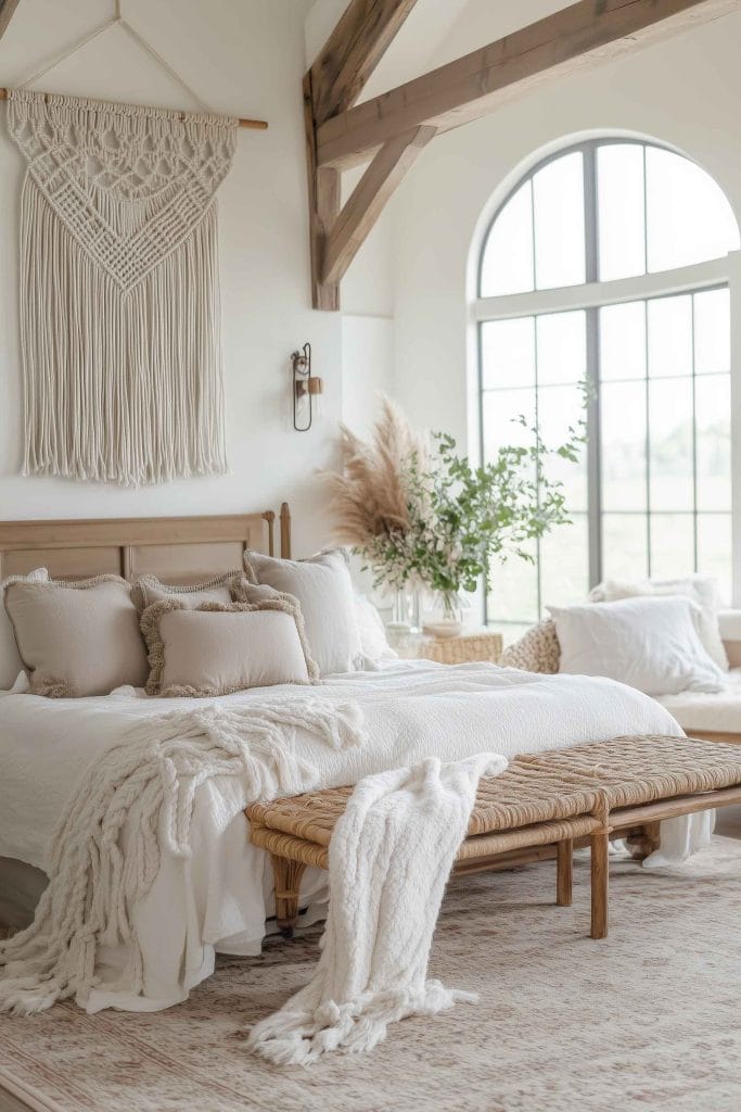 A bright and airy bedroom featuring a large macramé wall hanging above the bed. The neutral-toned bed is dressed in soft linens, and a chunky knit throw is draped across a woven bench at the foot. Wooden beams and a large arched window allow natural light to fill the space, complemented by pampas grass and greenery in woven vases.