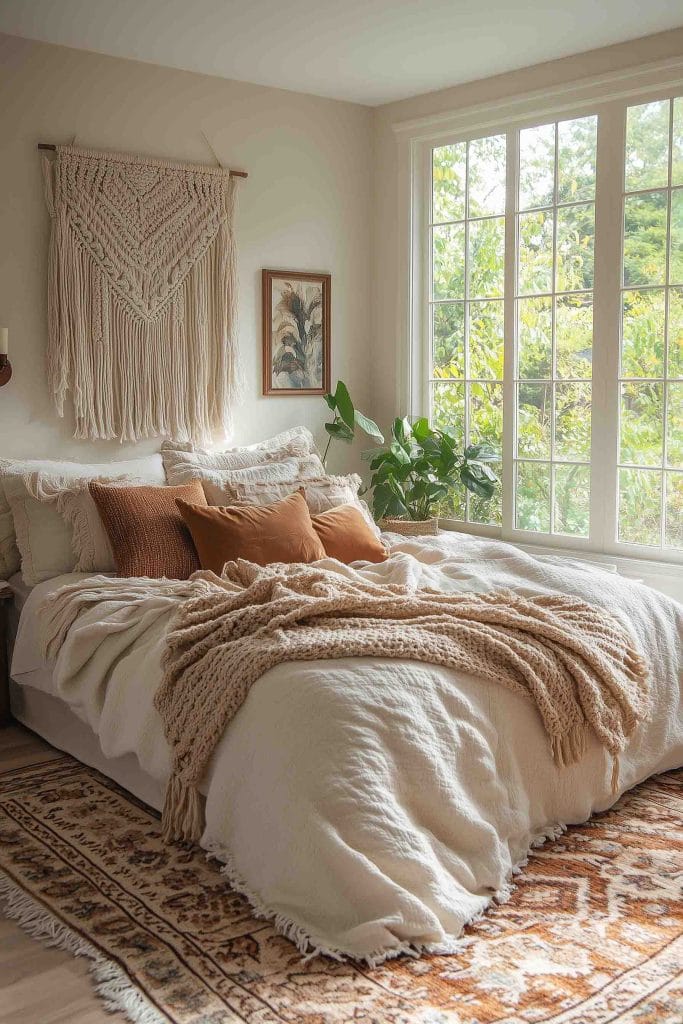 A bright and airy bedroom with a soft, neutral palette. The bed is covered in off-white linens and complemented by a large, chunky knit blanket. Earth-toned pillows add warmth to the space. A macrame wall hanging adds texture above the bed, and greenery by the large window enhances the tranquil, natural atmosphere.