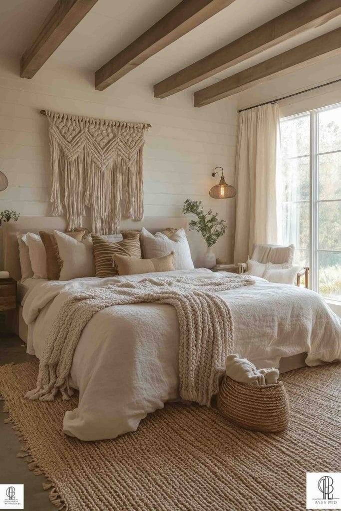 A cozy boho bedroom with a macramé wall hanging above the bed, featuring earthy, neutral tones throughout. The bed is layered with plush pillows, a thick knit blanket, and a jute rug beneath. Wooden beams, a sliding glass door, and greenery add to the relaxed, nature-inspired vibe of the room.