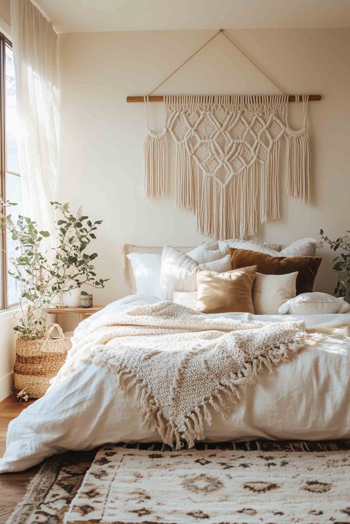 A sunlit bedroom with a bohemian vibe, featuring a large macrame wall hanging above a bed dressed in layered white bedding and warm-toned pillows. A textured throw blanket with fringes adds coziness, while woven baskets and potted plants by the windows bring in natural elements. The room is filled with soft, diffused natural light, creating a serene and inviting space.