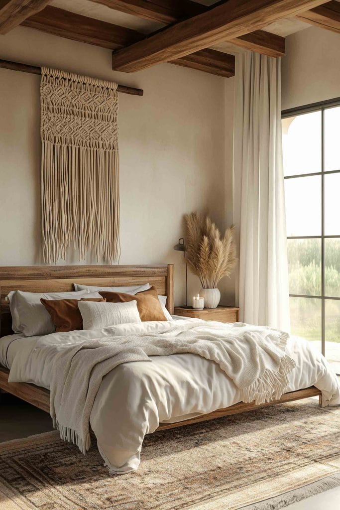 A warm, minimalist bedroom with a large macramé wall hanging above a wooden bed. The bedding features white linens with tan accent pillows and a textured blanket. A rustic wooden nightstand with pampas grass adds natural elegance to the space, which is softly lit by natural light through large windows.