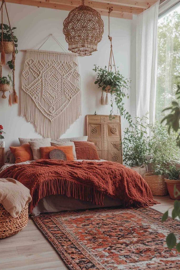 A cozy bedroom featuring rich earthy tones, with a deep orange bedspread, textured pillows, and a large macrame wall hanging. Plants in woven hanging baskets surround the space, adding a fresh, natural element. The wooden ceiling beams and woven chandelier enhance the rustic and bohemian vibe of the room, which also has a patterned rug and natural light flowing in through a large window.