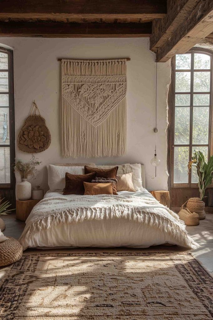 A rustic boho bedroom with a large macramé wall hanging as a centerpiece above the bed. The bedding is plush and layered with textured throws and rich brown accent pillows. Earthy elements like woven baskets, wooden side tables, and natural light streaming through large windows complement the room’s relaxed, eclectic vibe, anchored by a patterned rug on the floor.