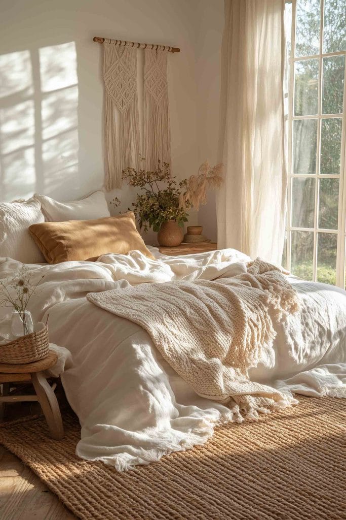 A serene bedroom bathed in natural sunlight, highlighting soft, neutral tones. The bed is layered with white linens, light beige pillows, and a knitted throw, creating a peaceful, minimalist atmosphere. Macrame wall hangings, woven textures, and light wood furniture add a subtle boho charm to the space, complemented by a jute rug and potted plants.