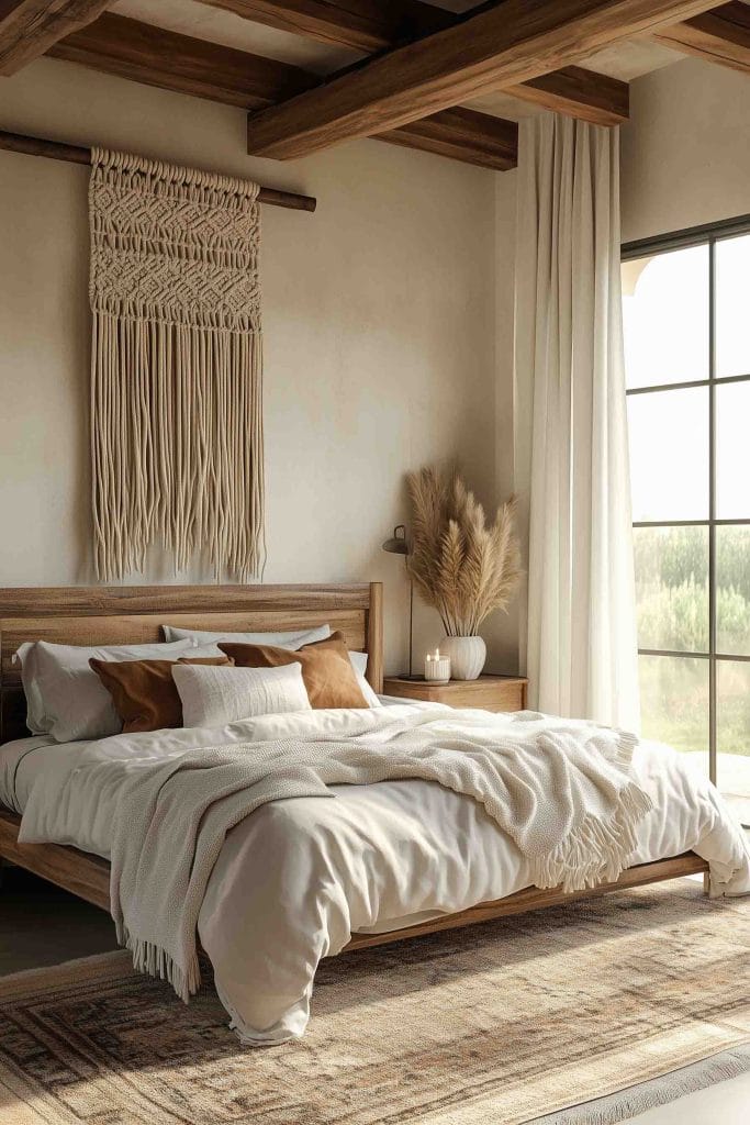 A simple, rustic bedroom with an earthy color palette, featuring a bed with white linens and brown accent pillows. Above the wooden bed frame is a textured macrame wall hanging, adding a handcrafted touch. The room is warmly lit by natural light filtering through sheer curtains, highlighting the organic materials and pampas grass arrangements in the corners.