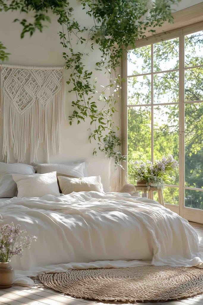 A soft, neutral boho bedroom with minimalistic design. The room features a large macramé wall hanging above the bed, white bedding, and a mix of soft pillows. Sunlight floods the space through a large window, reflecting off a woven basket and potted greenery for an organic, calming atmosphere.