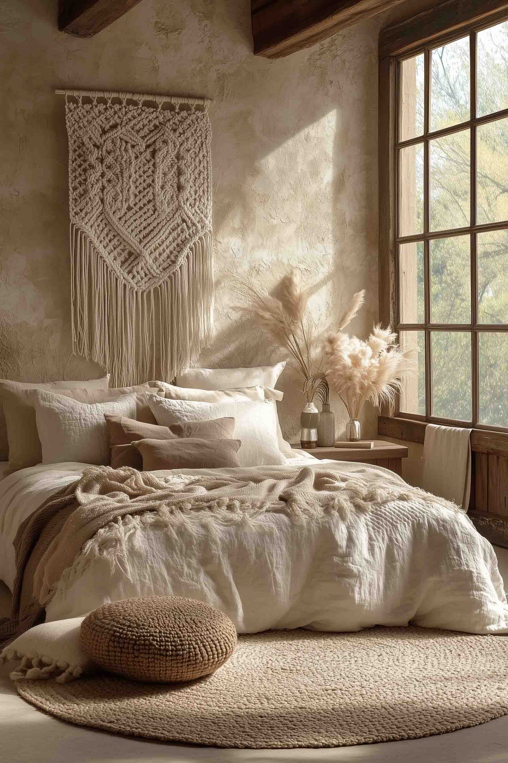 A rustic yet elegant bedroom with a cozy, textured feel. A low bed is draped in off-white linens and a fringed throw, positioned near a large window that bathes the room in warm natural light. The decor includes a round jute rug, woven baskets, and soft neutral-toned pillows, creating a peaceful, bohemian atmosphere. A large, intricate macrame wall hanging adds a handcrafted element to the space.