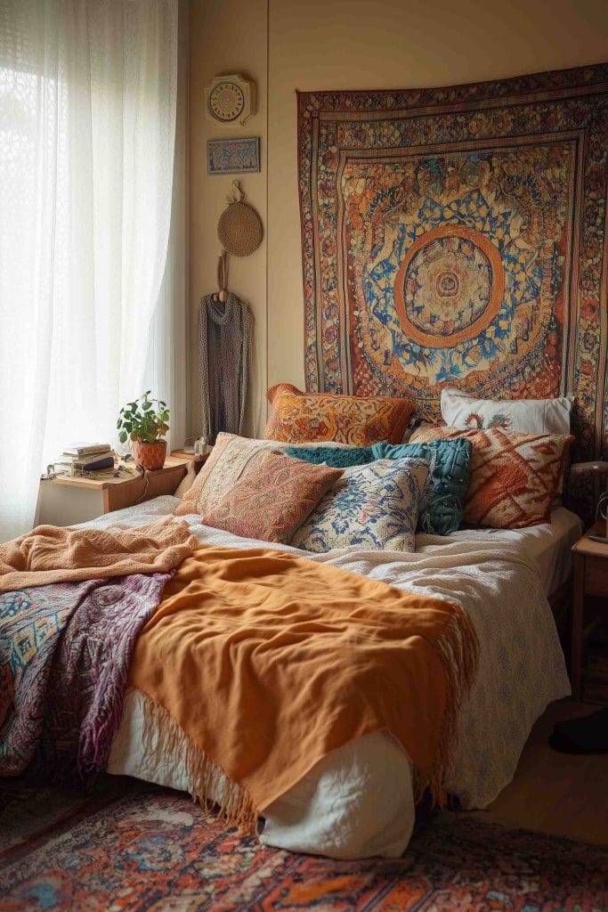 A bohemian-inspired bedroom featuring a large, intricate tapestry as the focal point behind the bed. The bed is adorned with a variety of colorful pillows and blankets in warm hues like orange and rust. Natural light filters through sheer curtains, and a small side table holds books and a potted plant, enhancing the cozy, eclectic vibe.