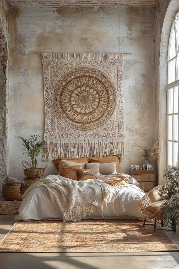 An airy bedroom with a large window allowing sunlight to fill the space. A beige macramé mandala tapestry hangs above the bed, which is dressed in neutral tones of white and light tan. The setting includes wicker furniture and potted plants, creating a calm, minimalist vibe.