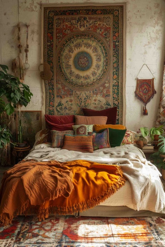 A bohemian-style bedroom featuring a vibrant circular tapestry on the wall behind the bed. The bedding is a mix of rich, warm colors, with layers of throws and cushions. A mix of rustic furniture and potted plants adds to the room's eclectic and cozy ambiance.