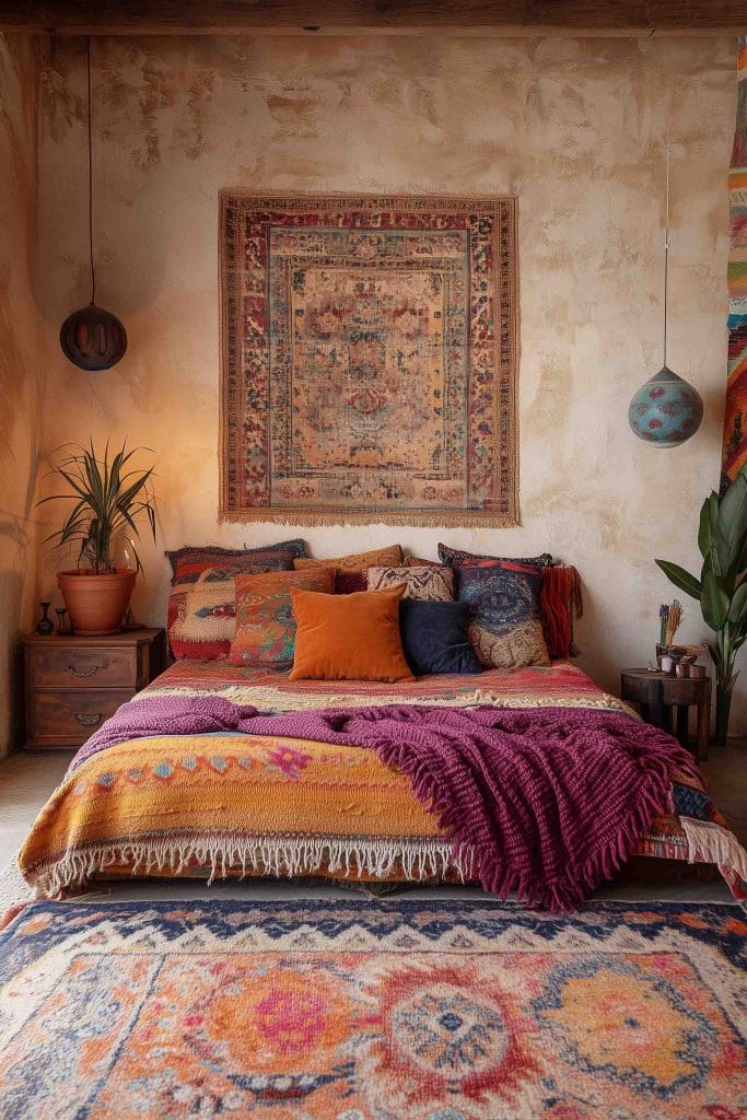 A bedroom styled with earthy tones and a beautifully intricate tapestry hanging above the bed. The bed is layered with warm-colored textiles in shades of orange, red, and purple. The room exudes a cozy, inviting atmosphere with a few vibrant accent pillows.