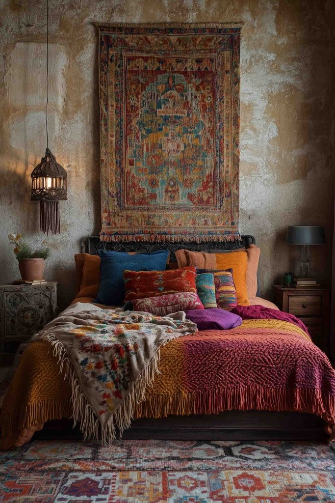 A moody, bohemian bedroom with a colorful vintage-style tapestry on the wall. The bedding consists of deep, rich hues such as maroon, mustard, and royal blue, combined with a variety of textures. The room's dim lighting and dark walls enhance the intimate and warm atmosphere.