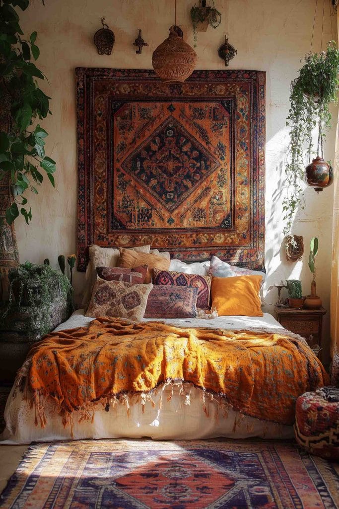 A cozy bohemian bedroom featuring a large, intricately patterned orange and dark tapestry above the bed. The bed is layered with pillows in warm tones and a mustard-colored blanket, adding a rich, earthy feel. Hanging plants and woven decor create a natural, relaxed ambiance.