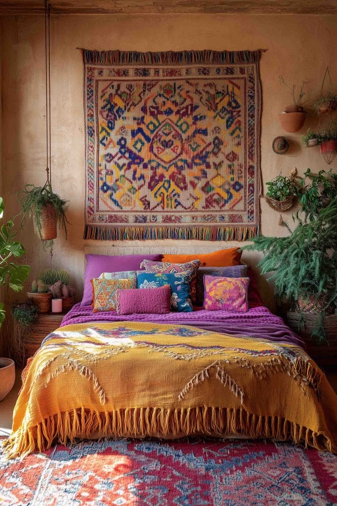 A cozy bohemian-style bedroom with a vibrant and colorful tapestry hanging on the wall above the bed. The bedding is a mix of deep purple, orange, and yellow tones with embroidered pillows in varying sizes and patterns. Potted plants, including hanging greenery, surround the room, adding a natural touch to the warm earthy tones of the walls and decor.