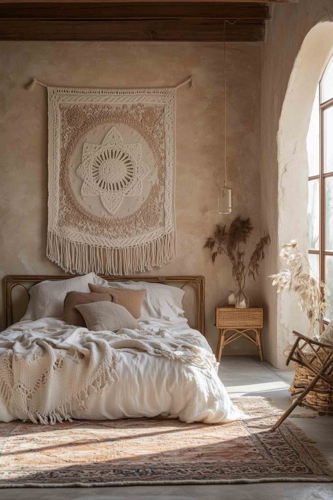 A serene, minimalist bedroom with a cream macramé tapestry as the centerpiece above a rattan bed frame. Soft neutral linens and dried plants by the window bathe the room in a peaceful, sunlit glow.