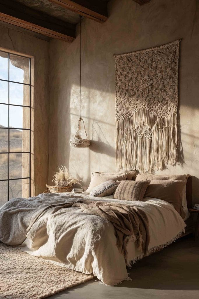 A minimalistic, earthy bedroom featuring a neutral color palette with soft beige and cream tones. A woven macrame tapestry hangs above the bed, blending seamlessly with the textured walls. The bed is styled with layered blankets and pillows in natural fabrics. Light from a large window gently illuminates the room, giving it a serene and peaceful atmosphere.